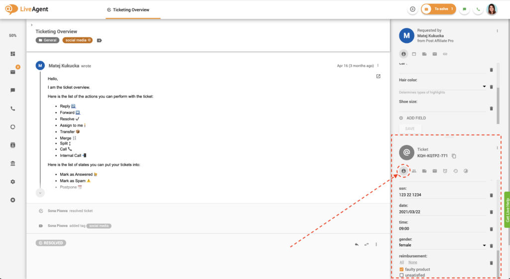 Campos de ticket na visualização de ticket