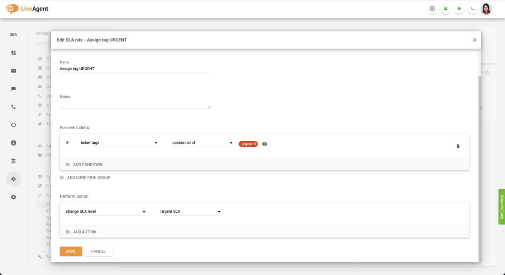 Exemplo de configuração de SLA urgente