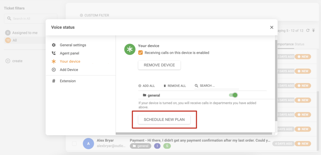 Configuração de agendamento de dispositivos no LiveAgent