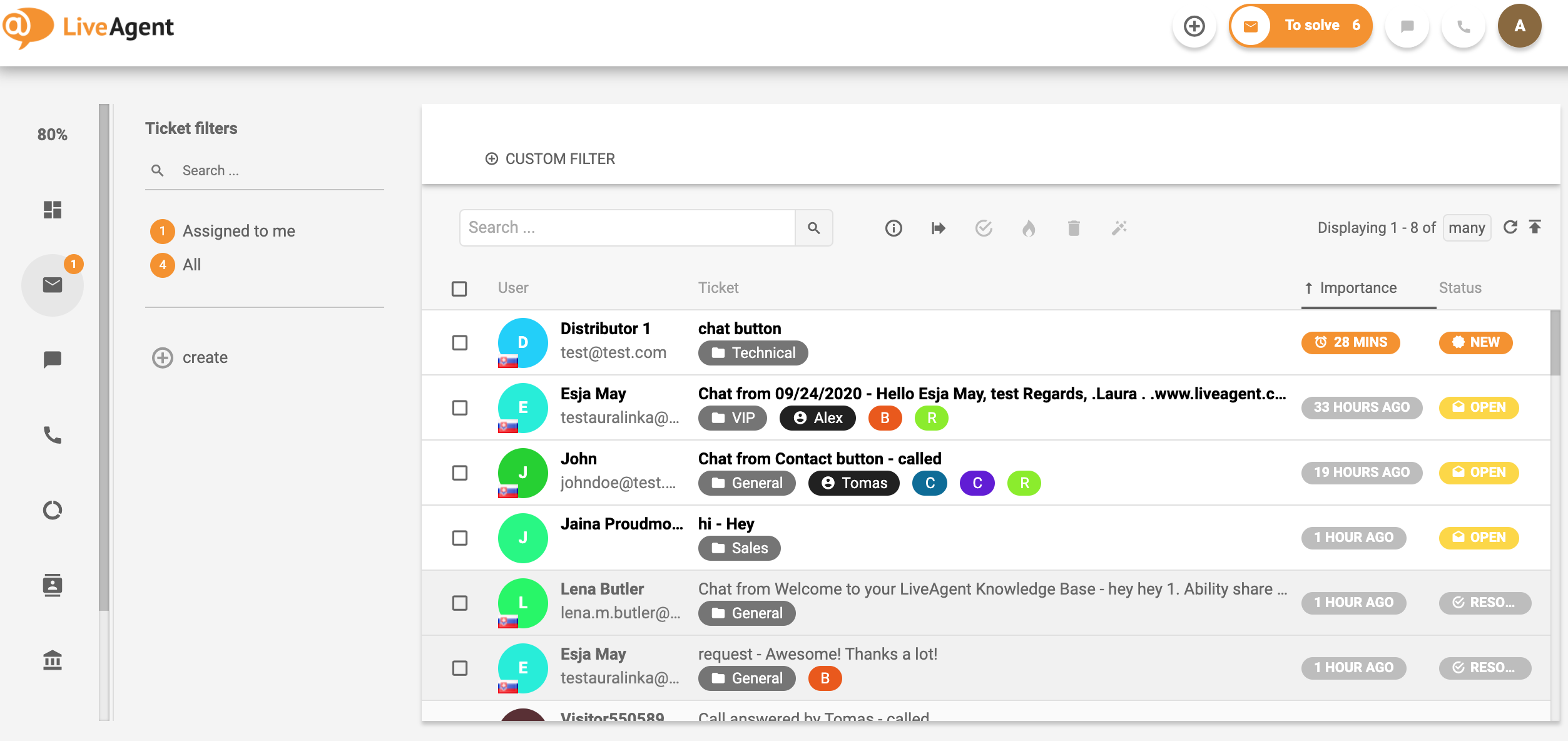 Visão geral da interface de ticketing no LiveAgent.