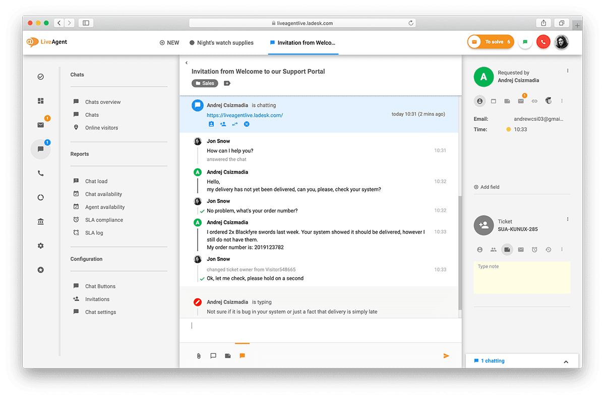 Visão geral da interface de chat ao vivo no LiveAgent.