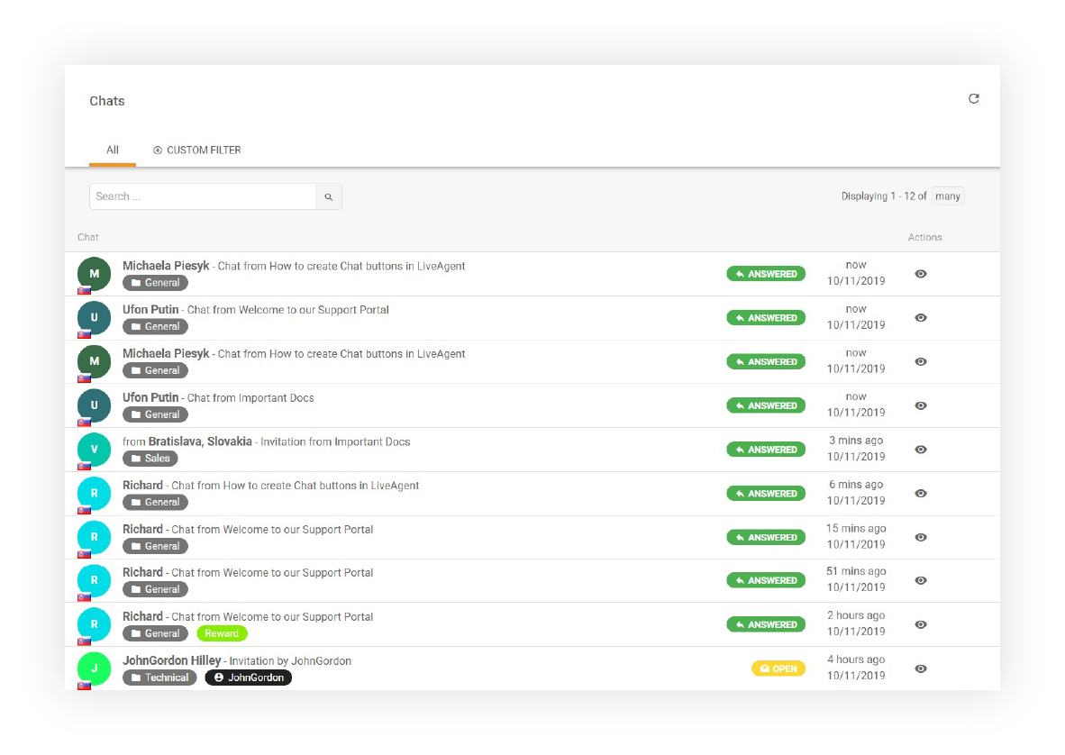 Exemplo de recurso de histórico de chat
