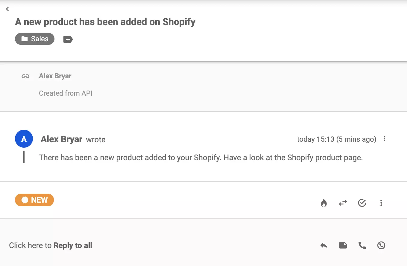 Um novo ticket que foi enviado do Shopify após criar um produto