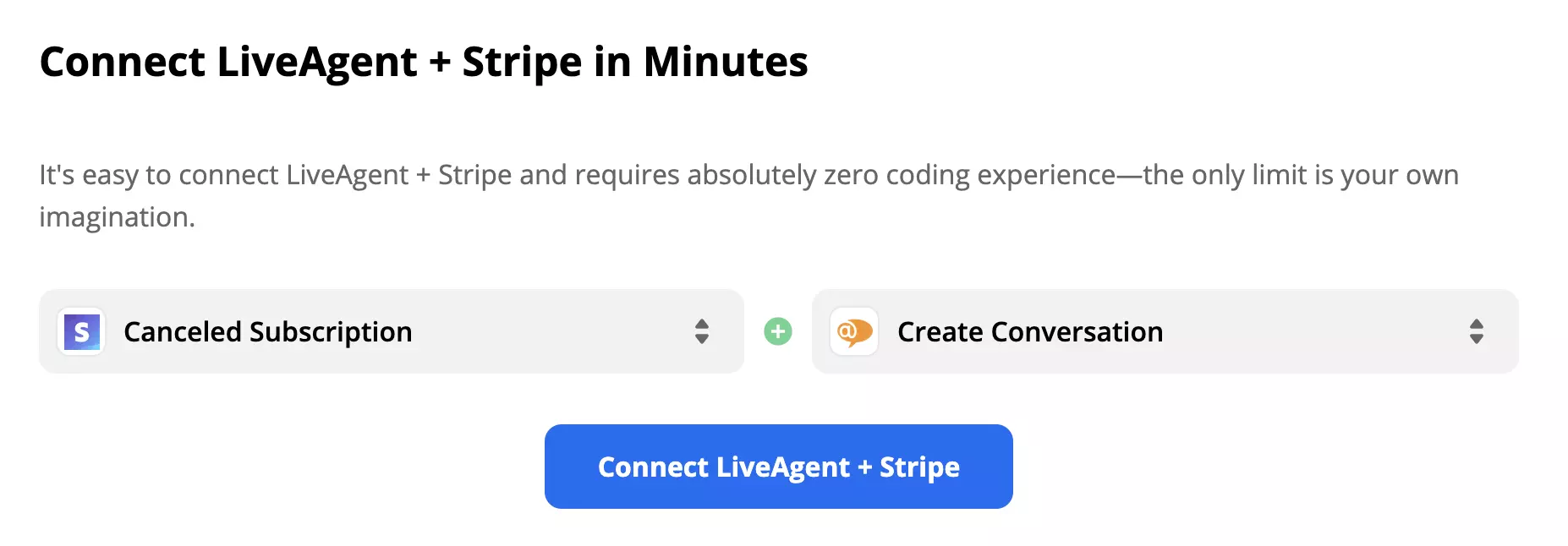 Exemplo de trigger selecionado no Stripe e ação no LiveAgent