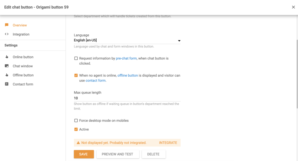 Editar botão e configurar opções no processo de criação do botão no LiveAgent