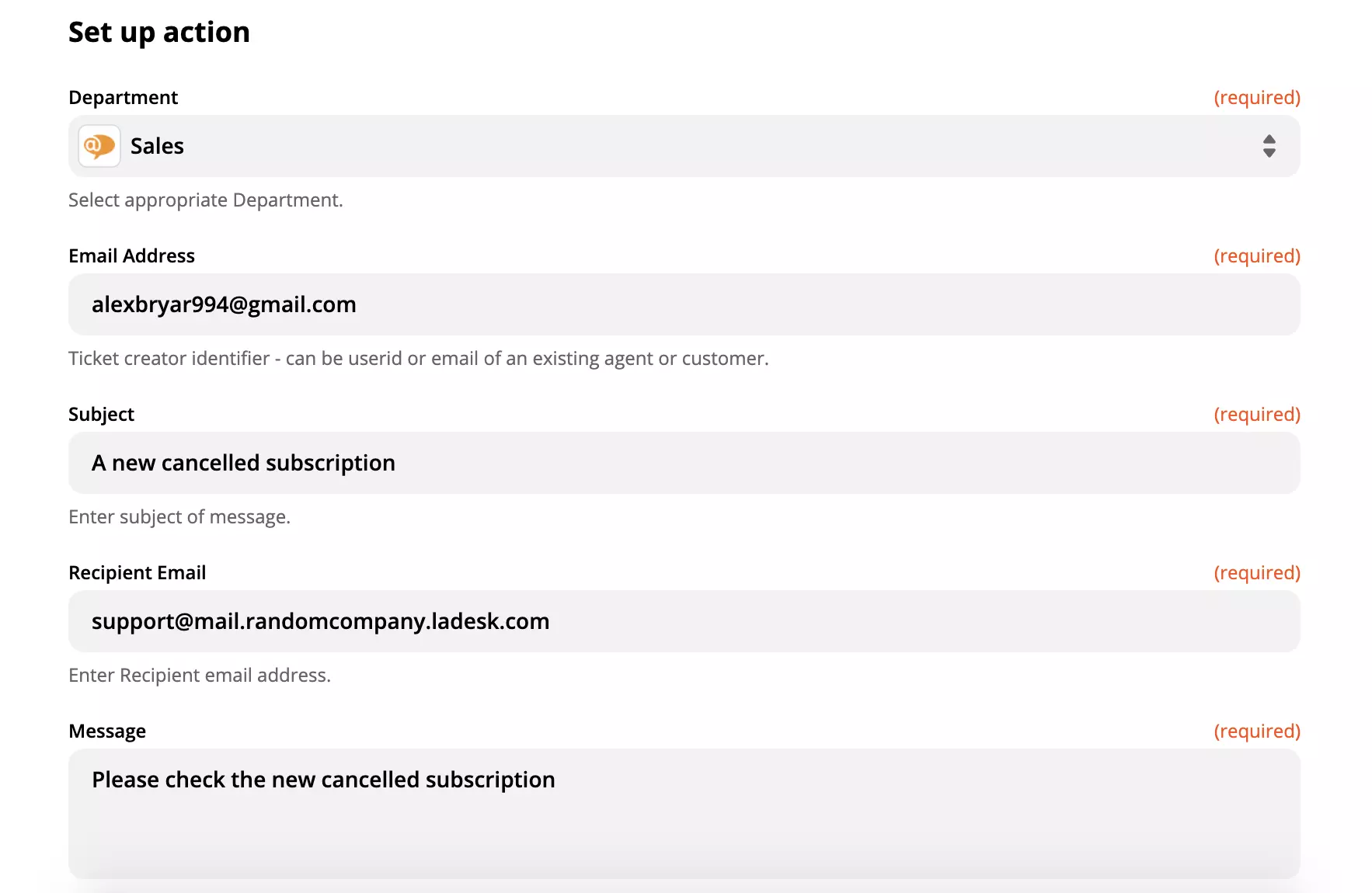 Exemplo de configuração de ação no LiveAgent