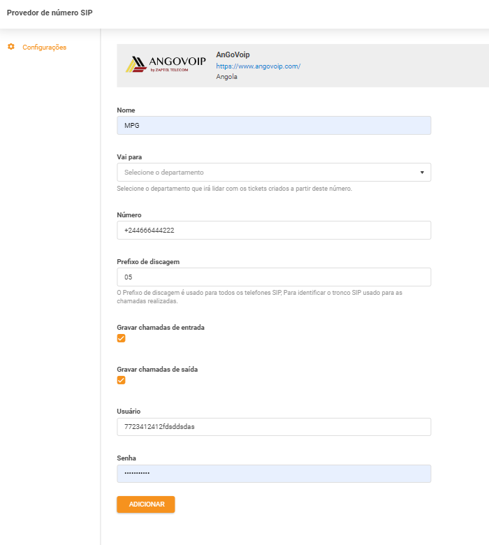 Credenciais AnGoVoIP
