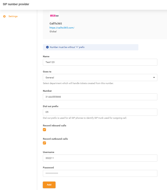 Entrada de credenciais CallTo365