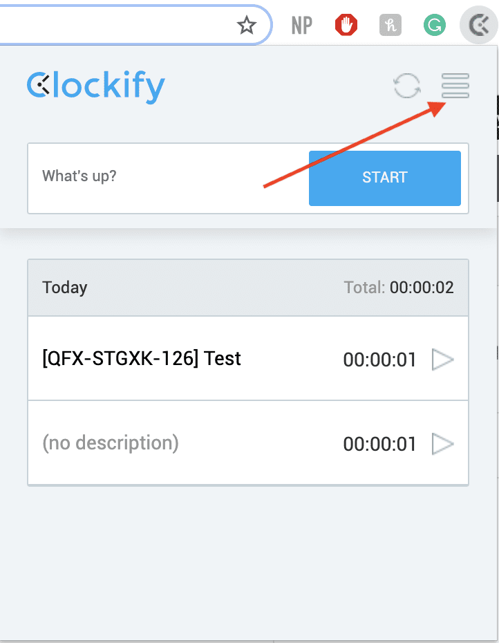 Opções de extensão Clockify