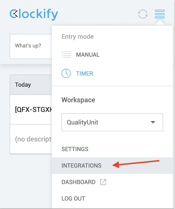 Menu de integrações Clockify
