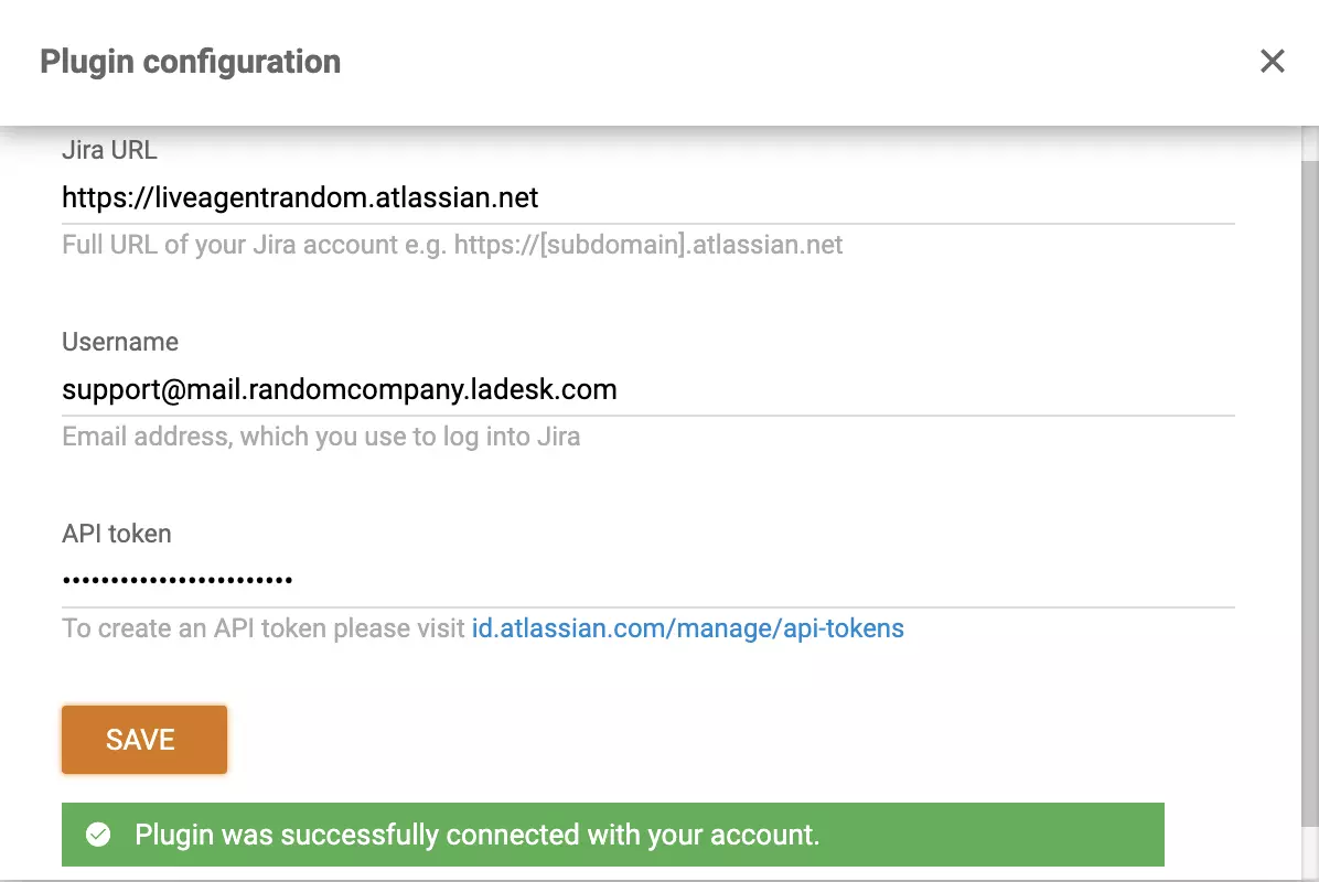 Um plugin Jira configurado com sucesso no LiveAgent