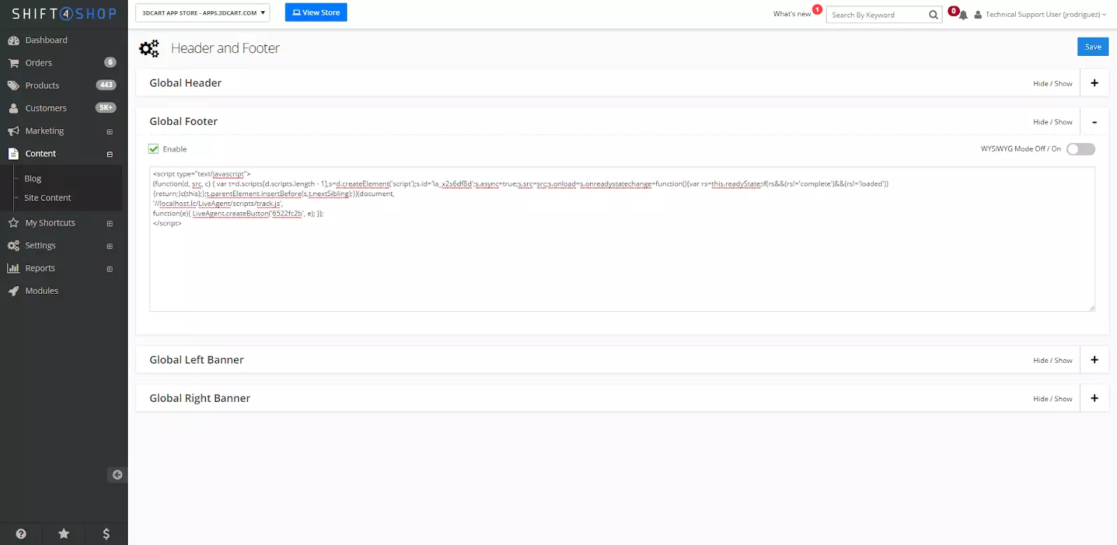 Configurações do Shift4Shop com opção de customização de código
