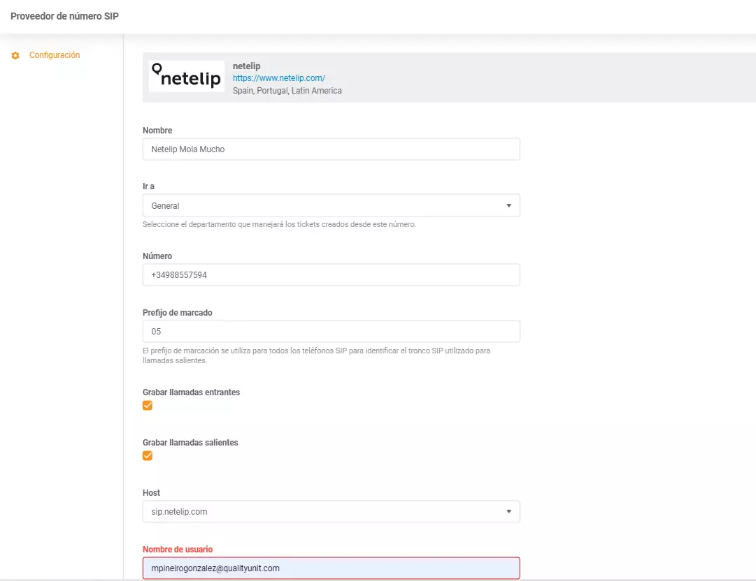 Credenciais de integração Netelip LiveAgent