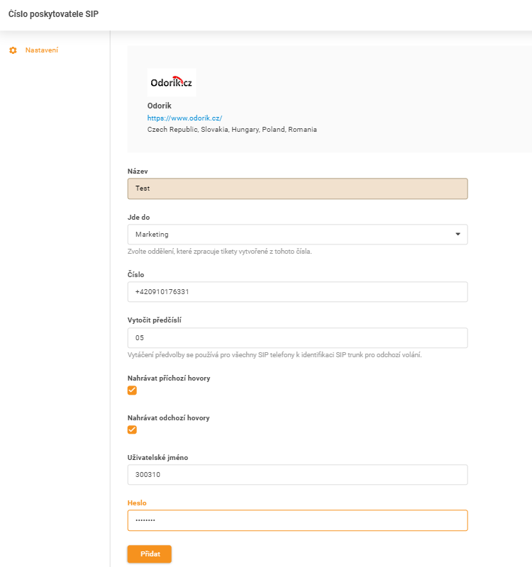 Credenciais Odorik.cz