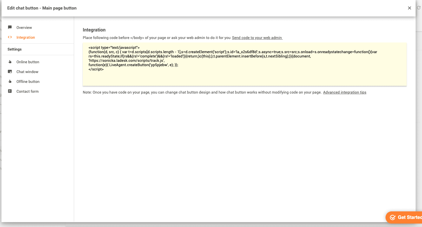 Criação de botão de chat LiveAgent