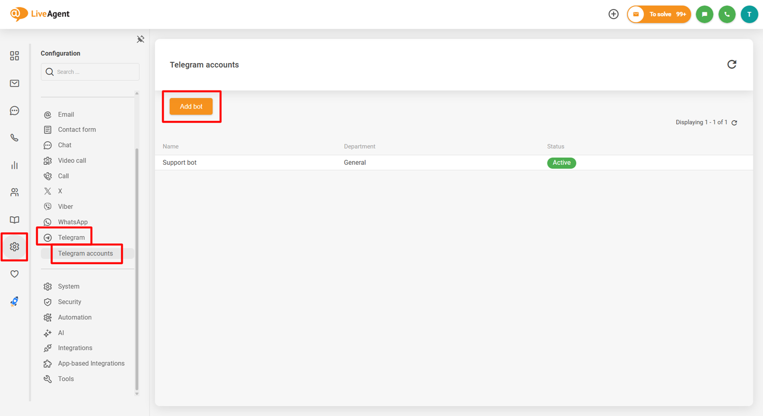 Captura de tela do painel de configuração de integração do Telegram do LiveAgent mostrando o botão Adicionar bot