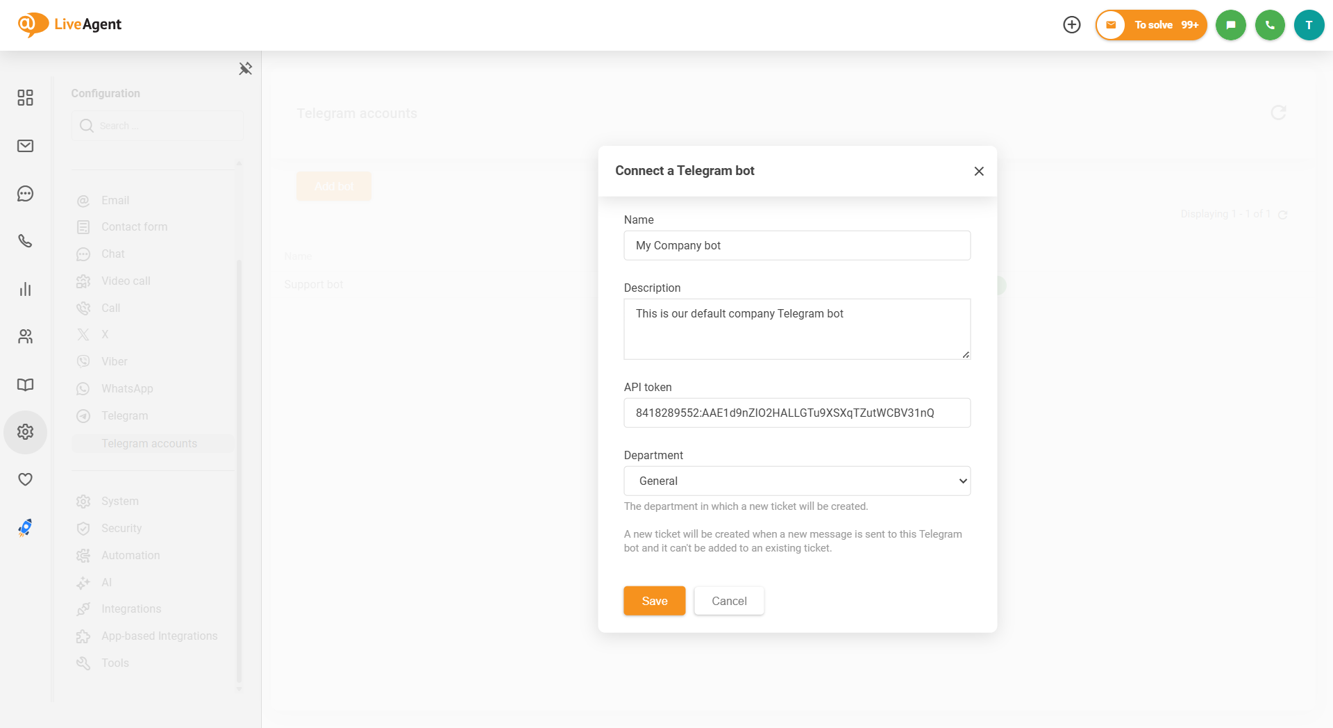 Captura de tela da integração do Telegram do LiveAgent sobre como conectar o bot