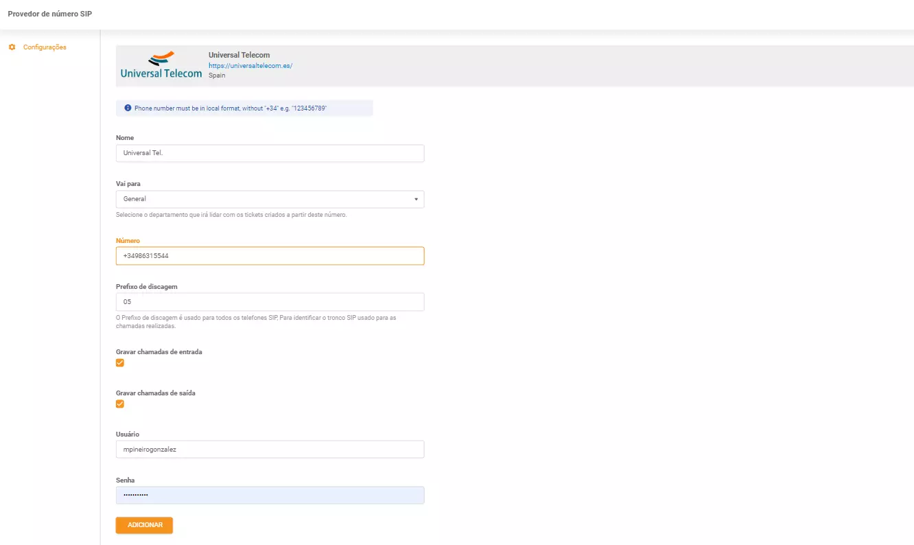 Credenciais Universal Telecom