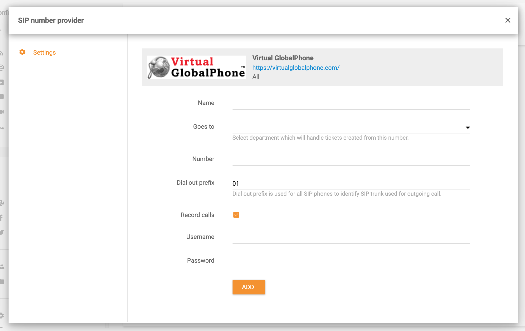 Integração do Virtual Global Phone no LiveAgent