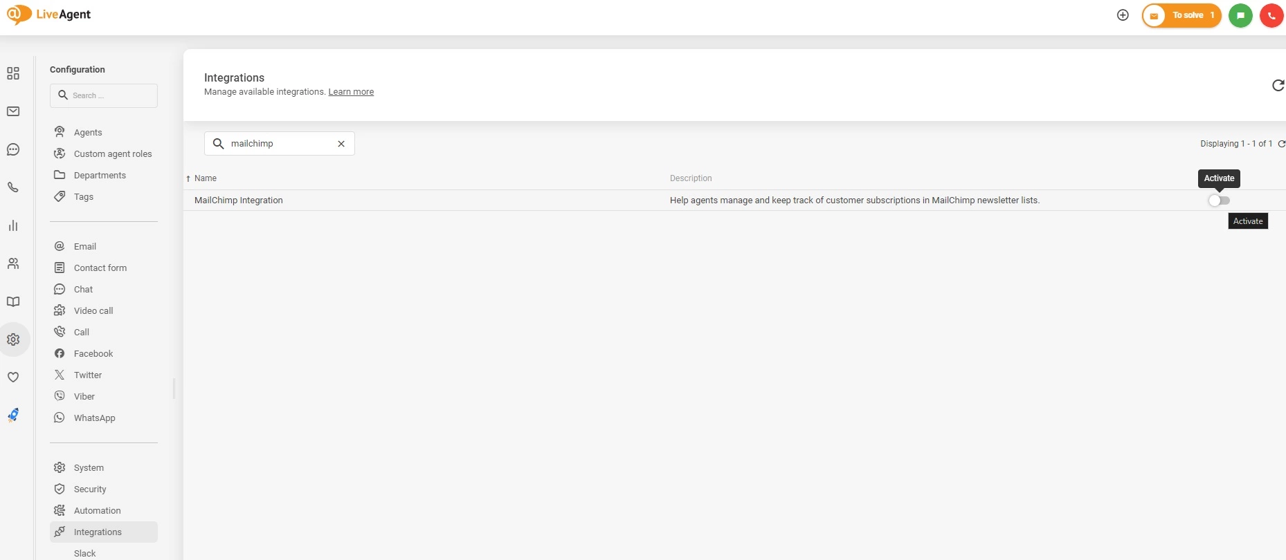 Ativar integração Mailchimp no LiveAgent