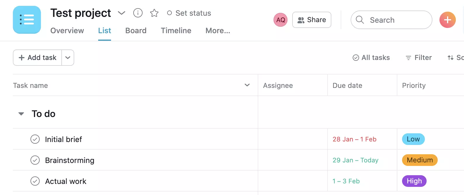 Exemplo de projeto Asana