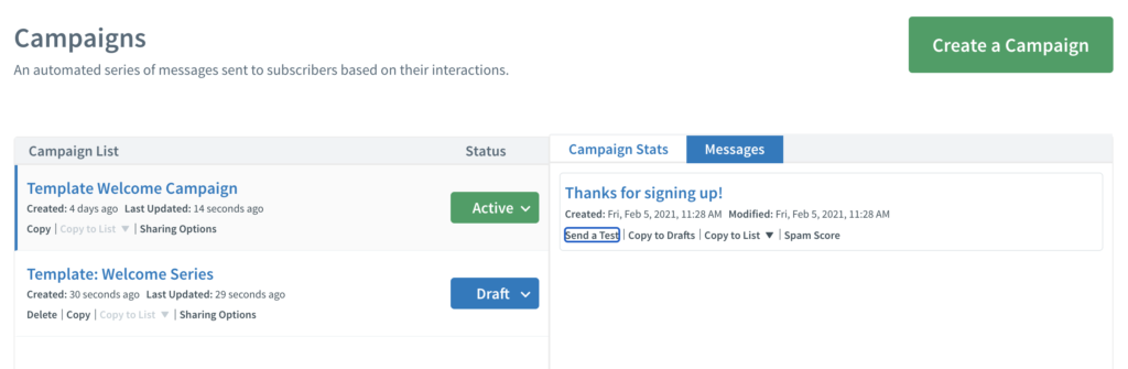 Visualização de campanhas do AWeber