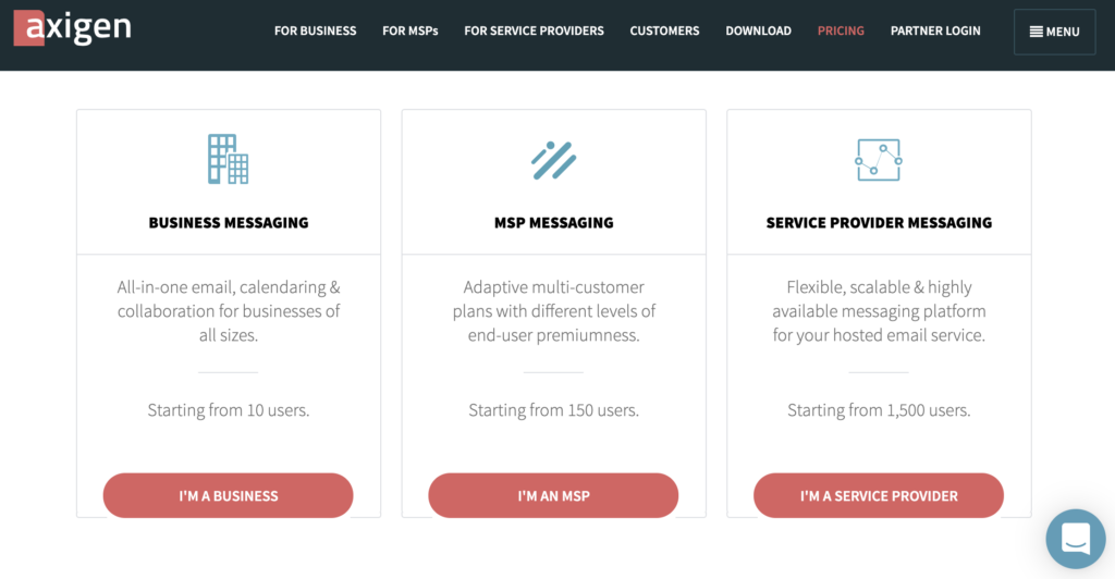 Site Axigen com planos de preços