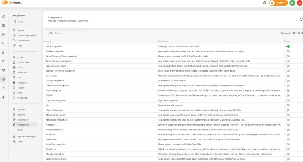 Ativar integrações no LiveAgent