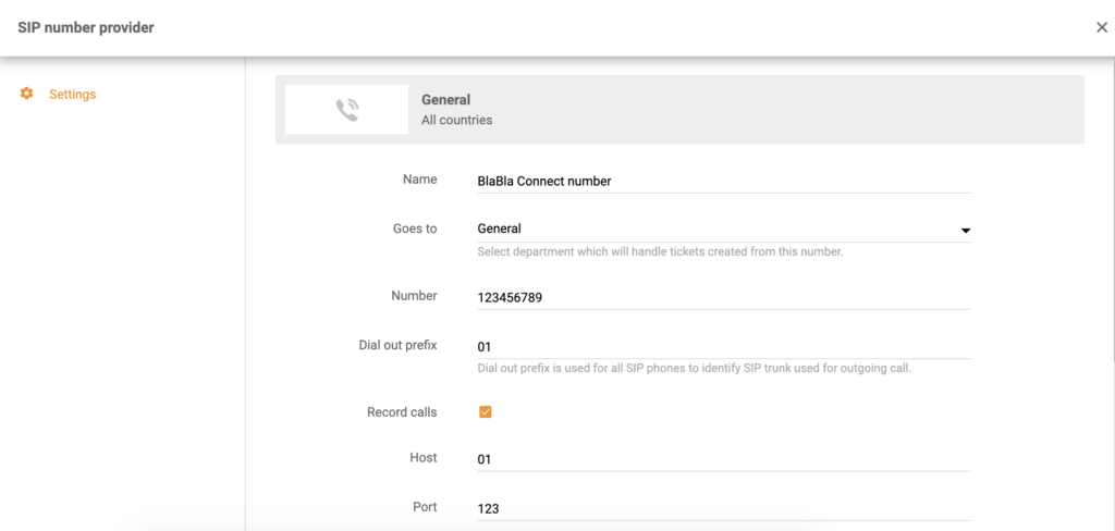 Configuração de integração BlaBla Connect na configuração de chamada LiveAgent