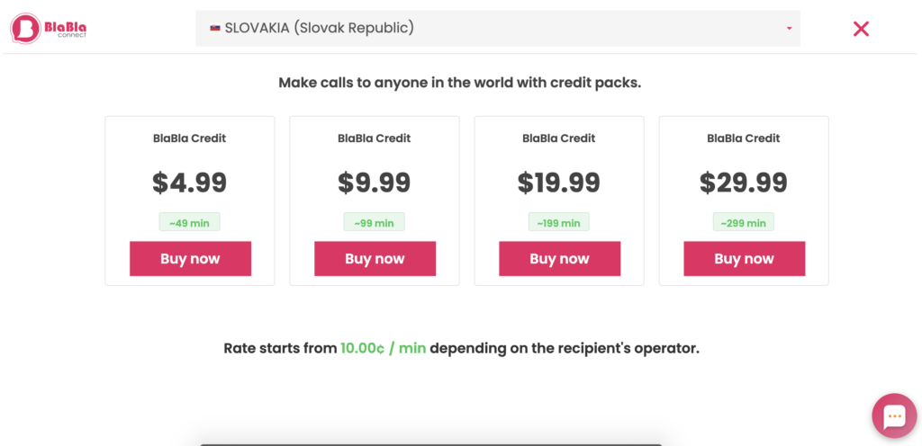 Planos de preços do BlaBla Connect exibidos no site