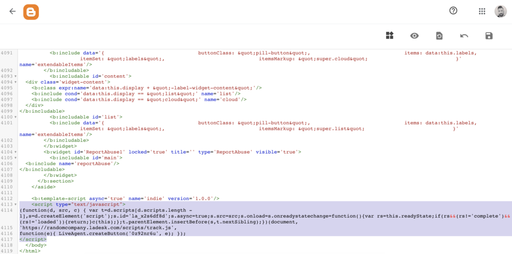 Código do Blogger com código do botão de chat inserido