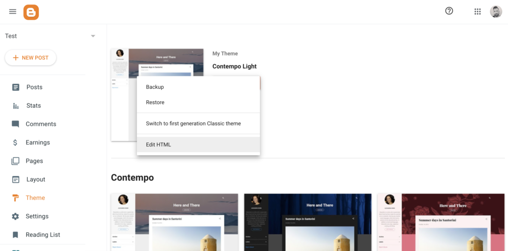 Opção Editar HTML nas configurações de Tema do Blogger