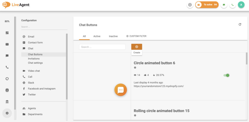 Configurações do botão de chat na configuração do LiveAgent