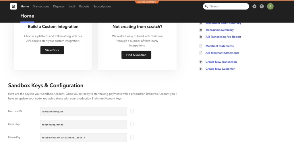 Chaves e Configuração no Braintree