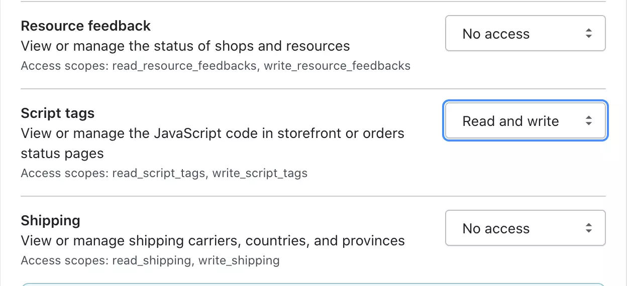Alterar permissões de tags de script para Ler e escrever no Shopify