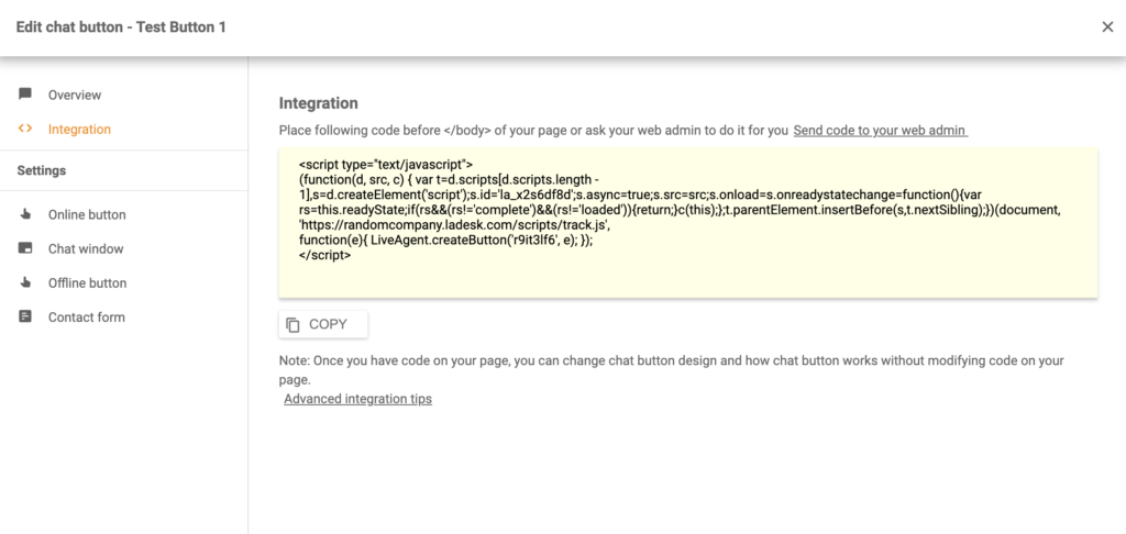 Um código de botão de chat gerado no LiveAgent