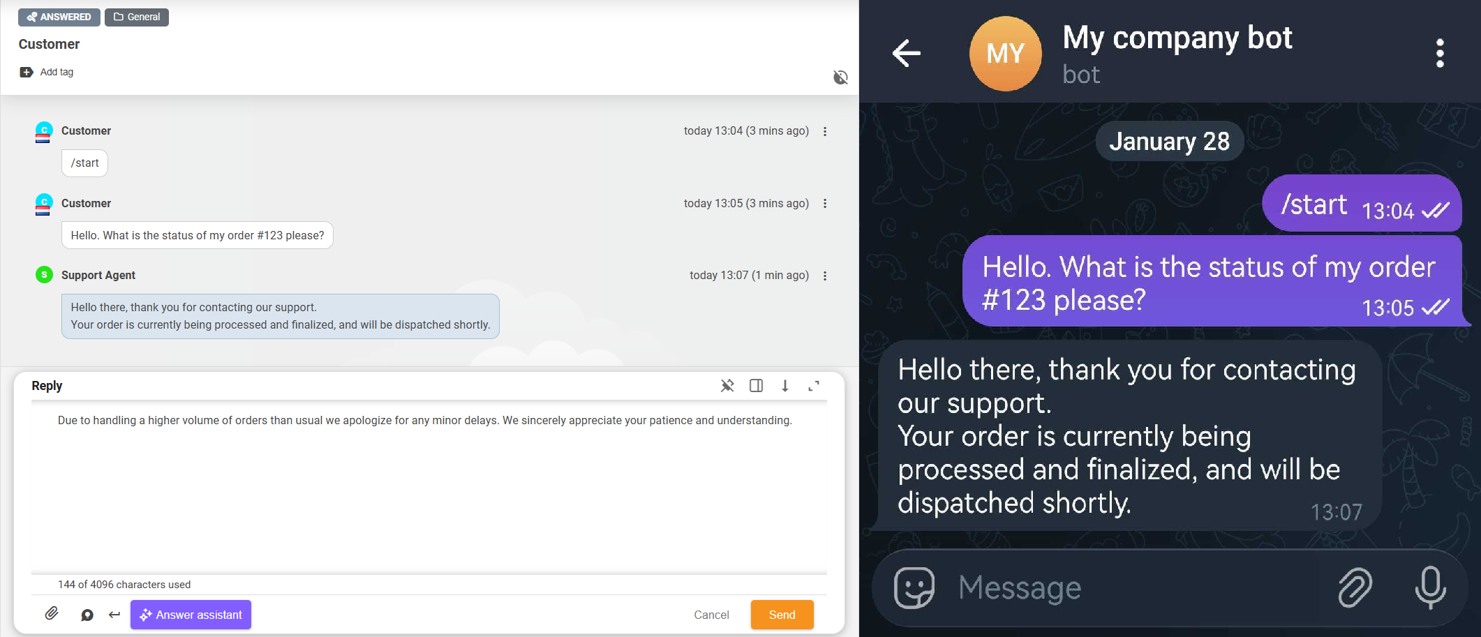 interface do bot do Telegram da empresa