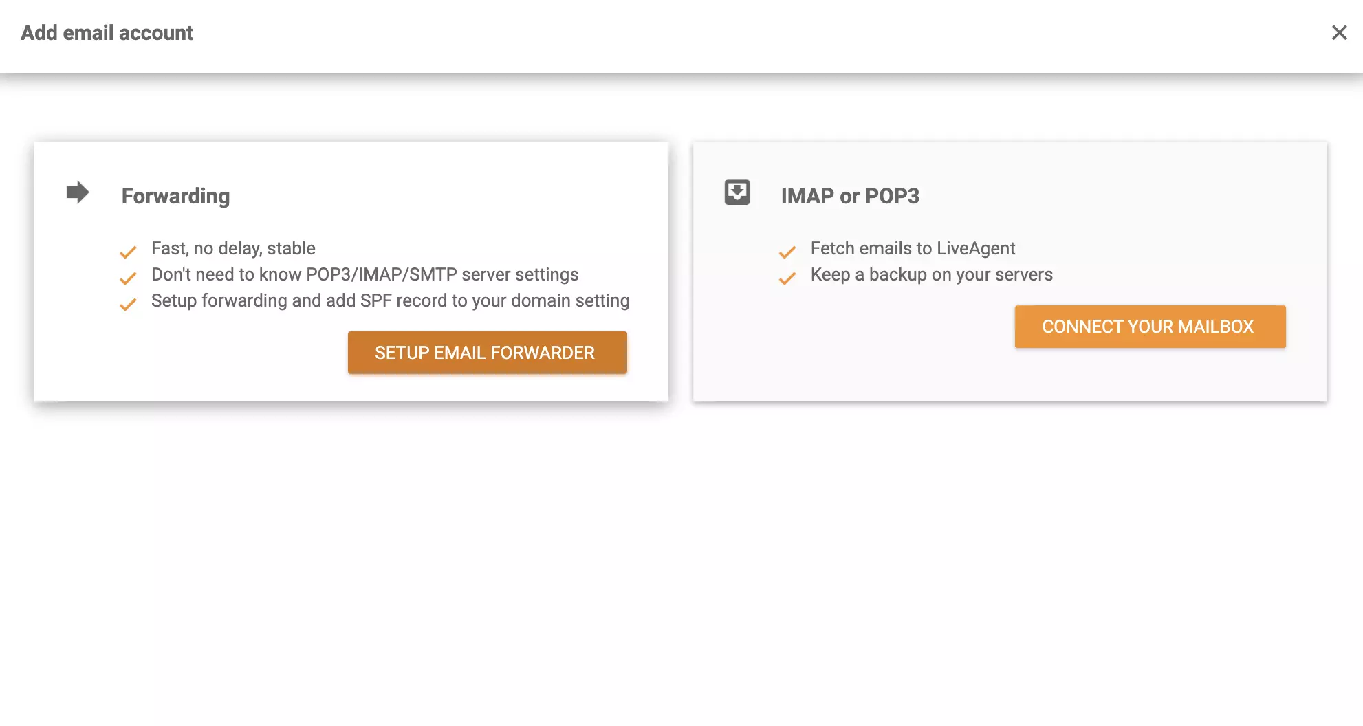 Escolha entre Encaminhamento e IMAP ou POP3 para sua integração Zoho Mail