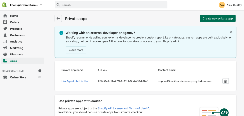 Criar um novo aplicativo privado no Shopify para criar uma integração com LiveAgent