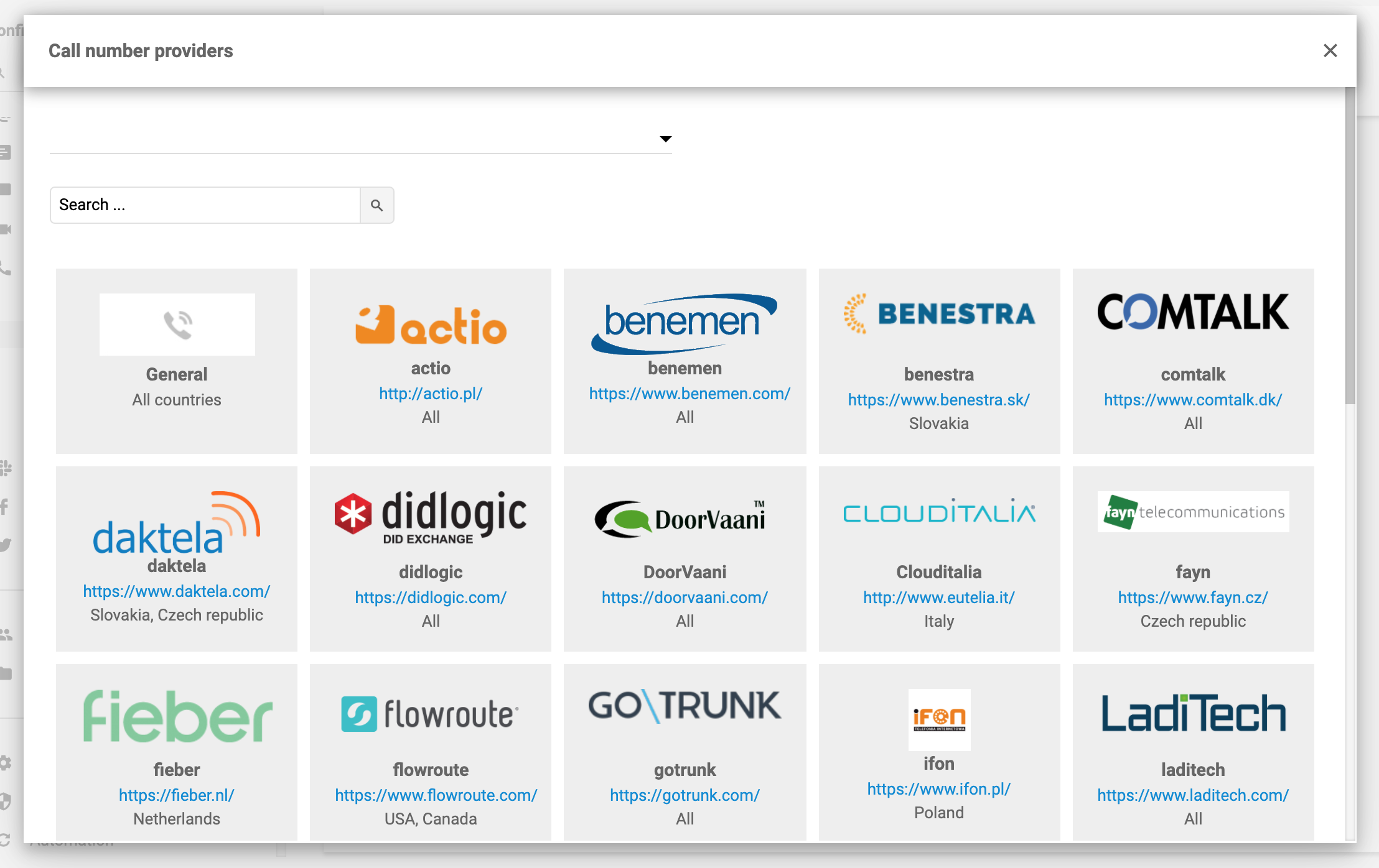 Provedores de números de chamadas LiveAgent