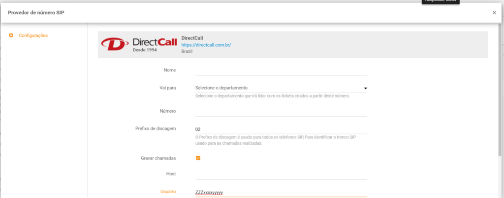 Configuração da integração DirectCall LiveAgent