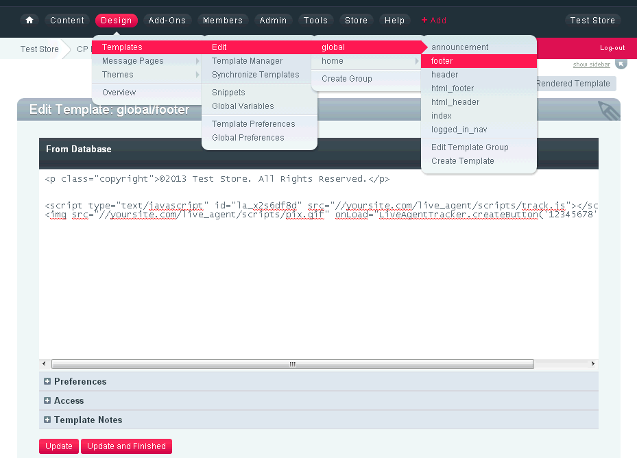 Código do site ExpressionEngine com o código do botão de chat do LiveAgent