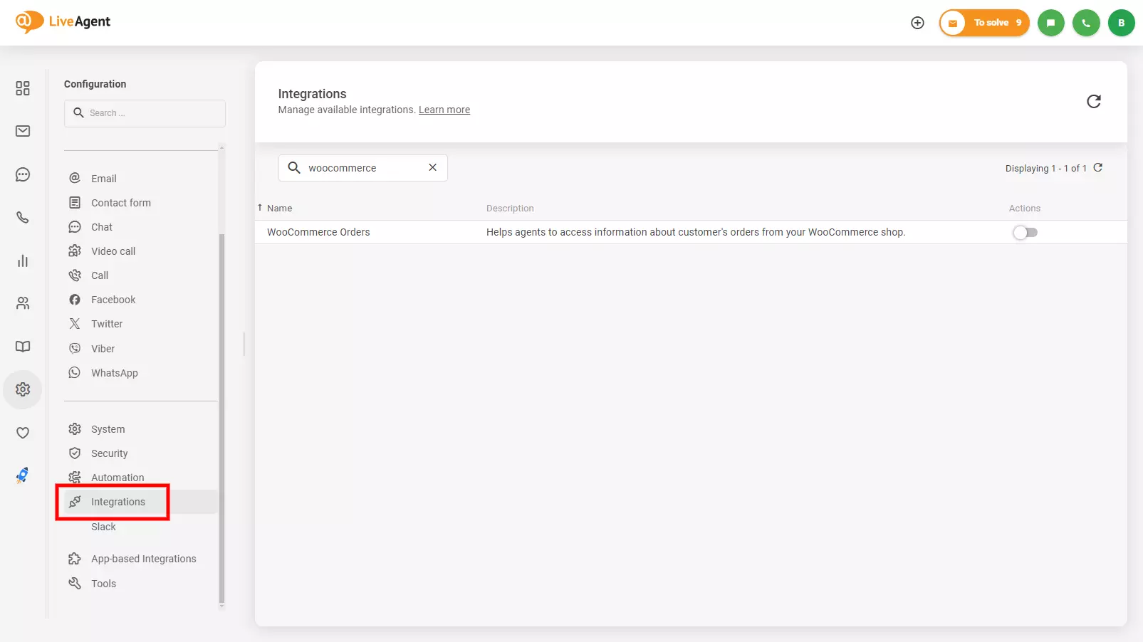 Imagem mostrando onde encontrar a integração Woocommerce no LiveAgent