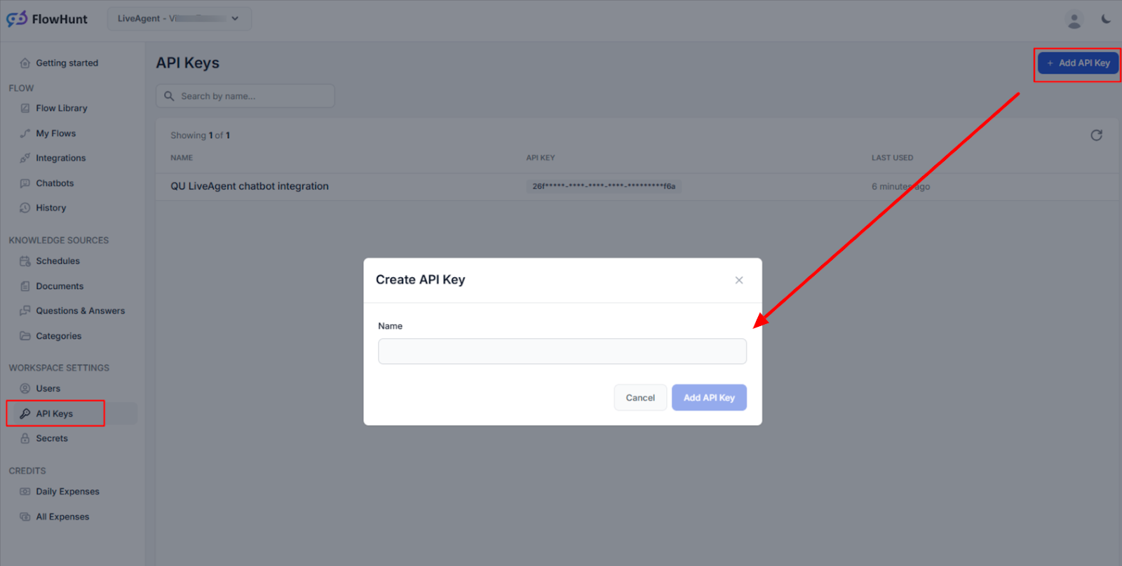 Criando uma chave de API para a integração do espaço de trabalho FlowHunt com LiveAgent