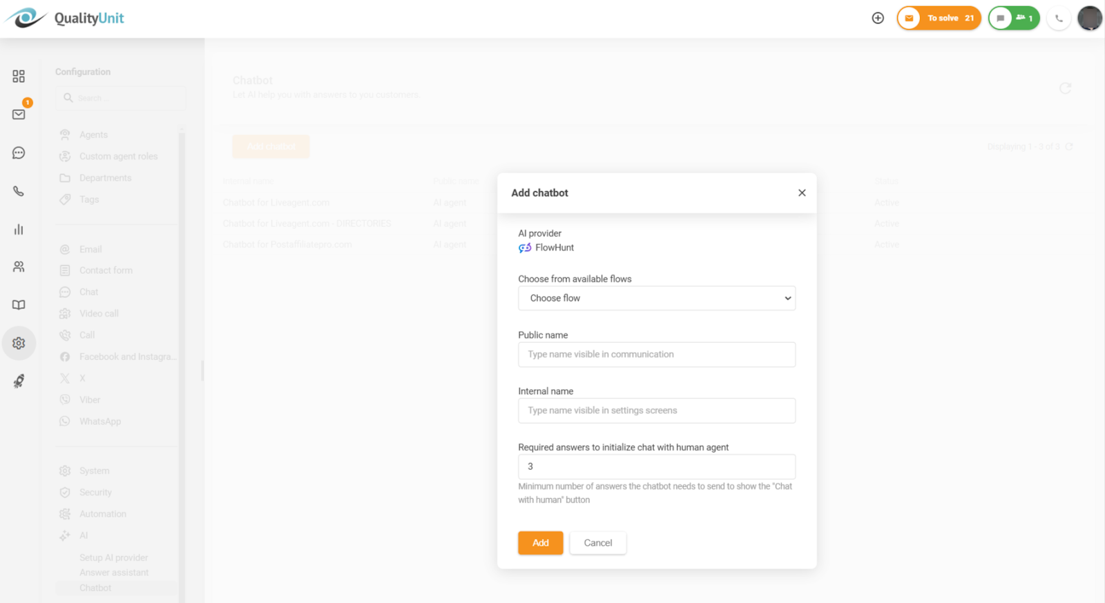 Configurando o número mínimo de respostas necessárias antes de ativar a opção de conversar com um humano