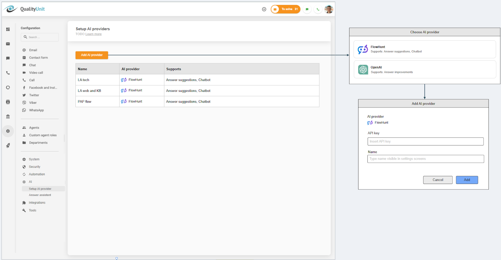 Conectando o provedor de IA do LiveAgent