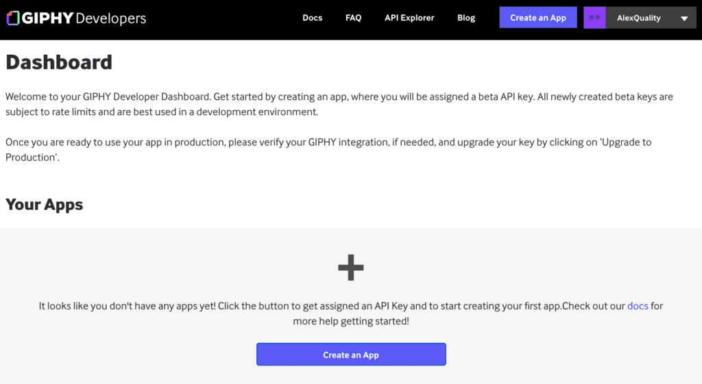 Painel Giphy com opção de criação de aplicativo para gerar uma chave de API