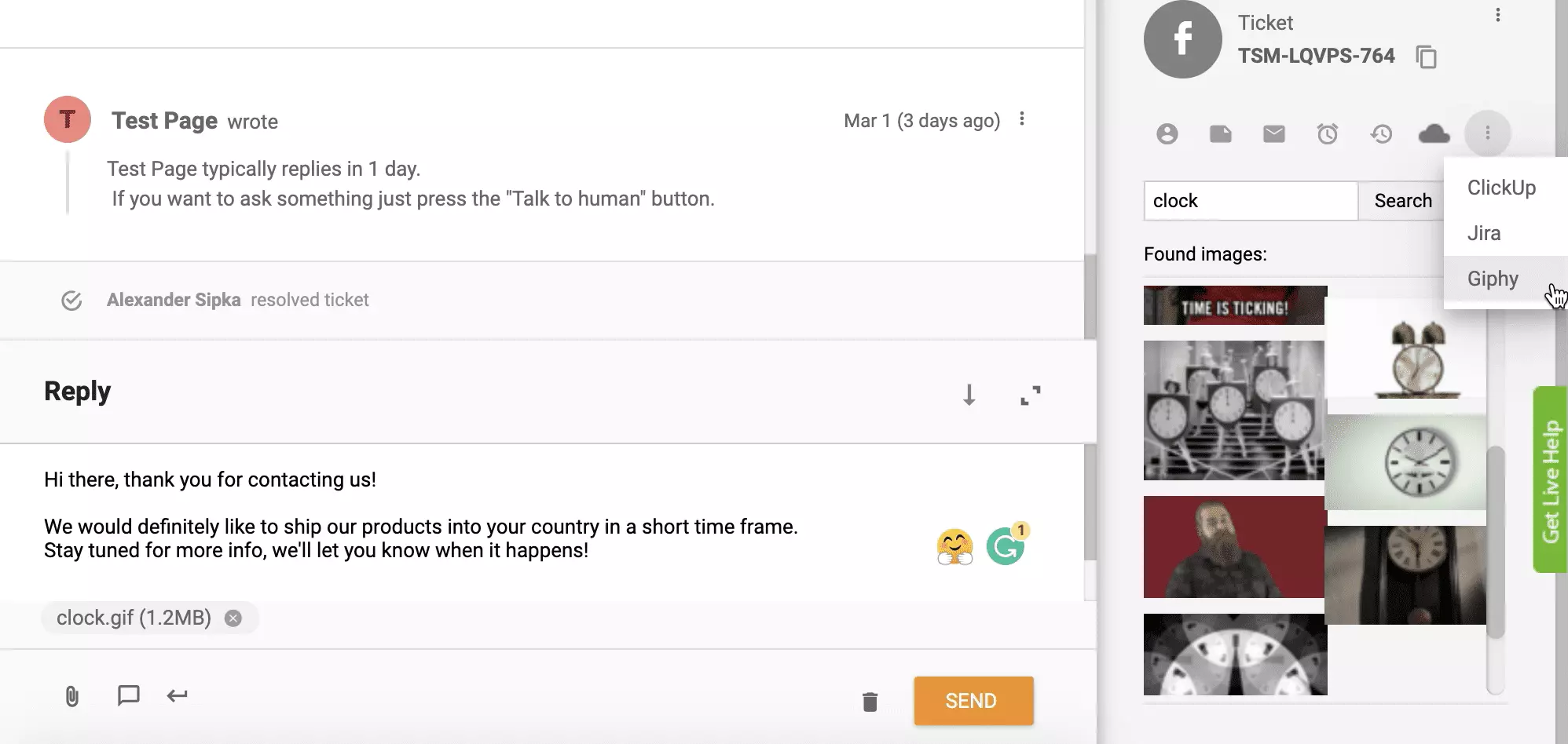 Integração Giphy ativada e funcionando no sistema de tickets do LiveAgent
