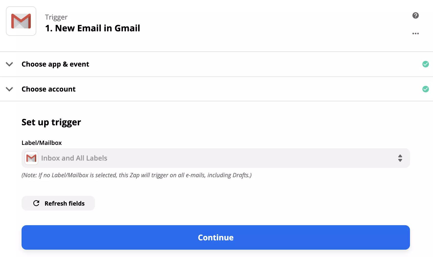 Configuração do gatilho do Gmail no Zapier