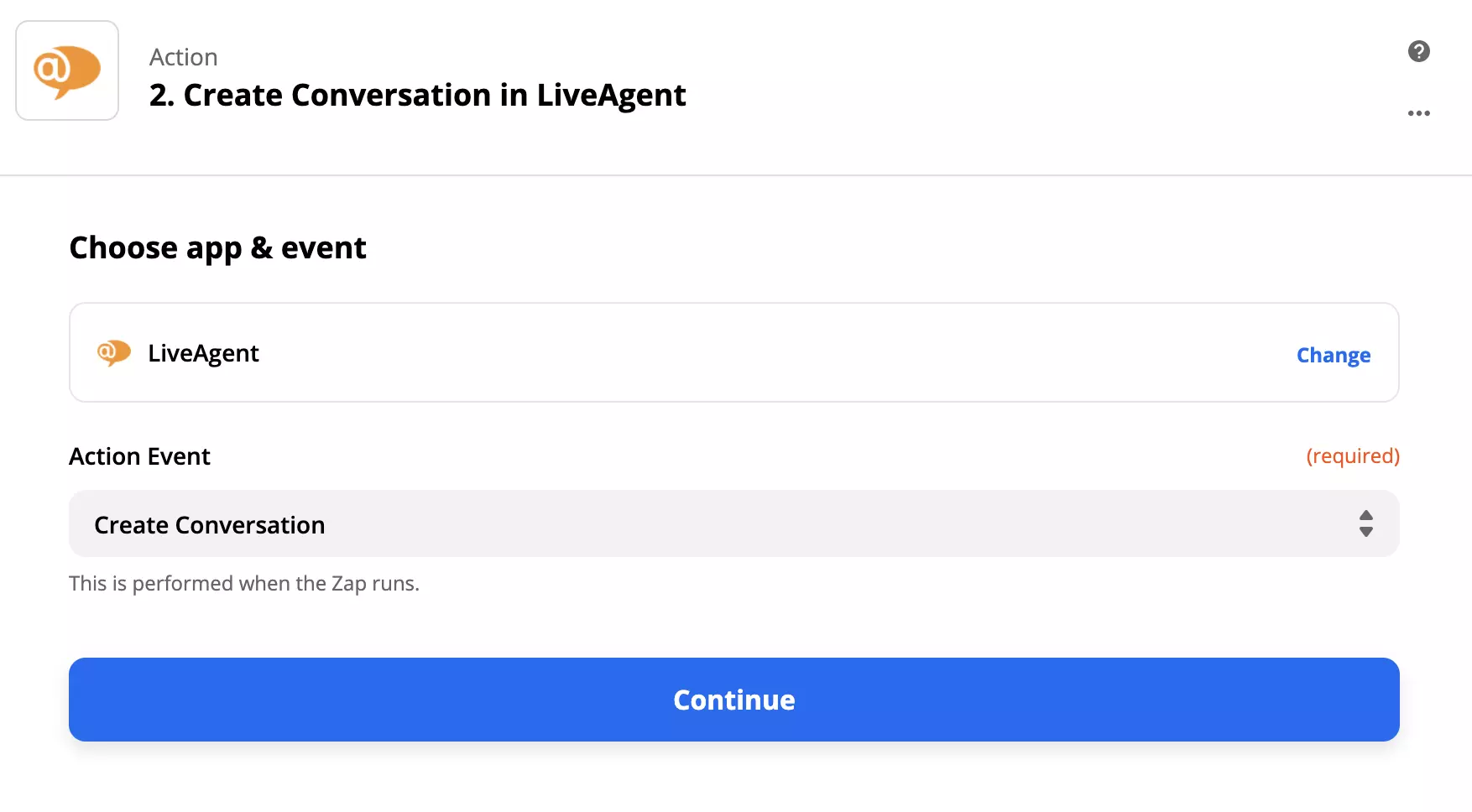 Configuração de ação do LiveAgent no Zapier